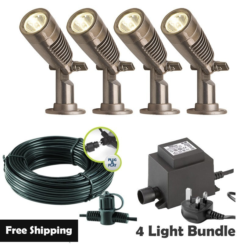 Techmar Garden Lighting UK Outdoor Lights Low Voltage Minus Plug & Play LED Garden Spotlight Bundle - 4 Light Kit. 1