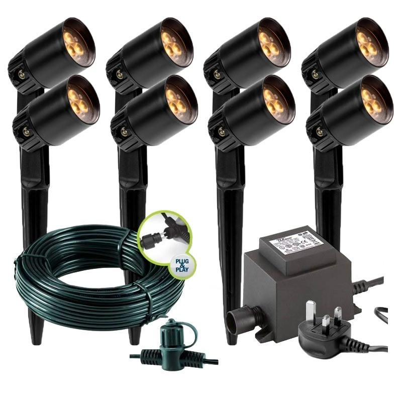 Techmar Garden Lighting UK Outdoor Lights Low Voltage Neso 12V Plug & Play Garden Spotlight Bundle - 8 Light Kit. 1